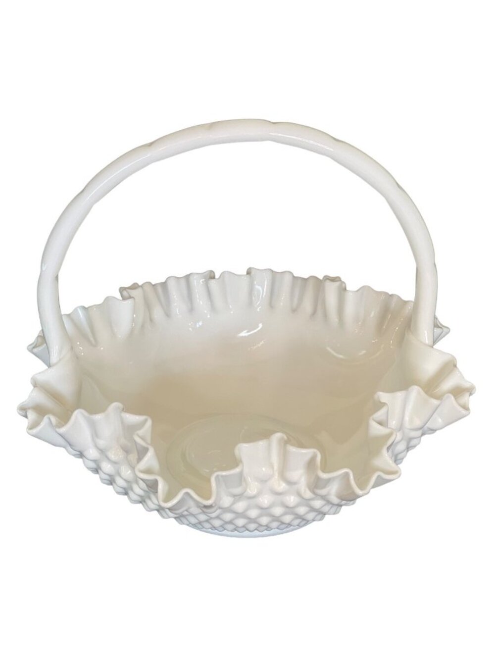 Fenton Milk Glass Bride Basket Hobnail Large 9” x 11.5” Vintage Ruffled Wave
